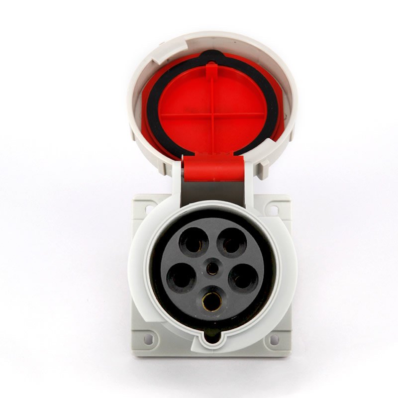 IEC 60309 Industrial CEE Add-on Panel Surface Wall Mounted Female Socket Outlet, 5-Pin, 3L+N+PE, 63A, 380-415V, 6h, 3 Phase, Straight, Red, IP67 Watertight, CE