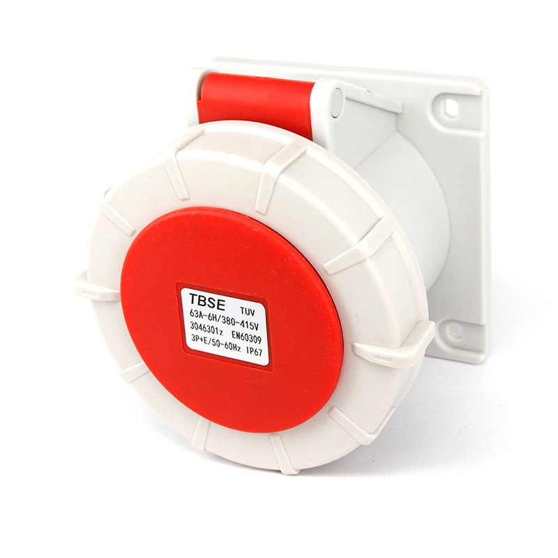 IEC 60309 Industrial CEE Add-on Panel Surface Wall Mounted Female Socket Outlet, 5-Pin, 3L+N+PE, 63A, 380-415V, 6h, 3 Phase, Straight, Red, IP67 Watertight, CE